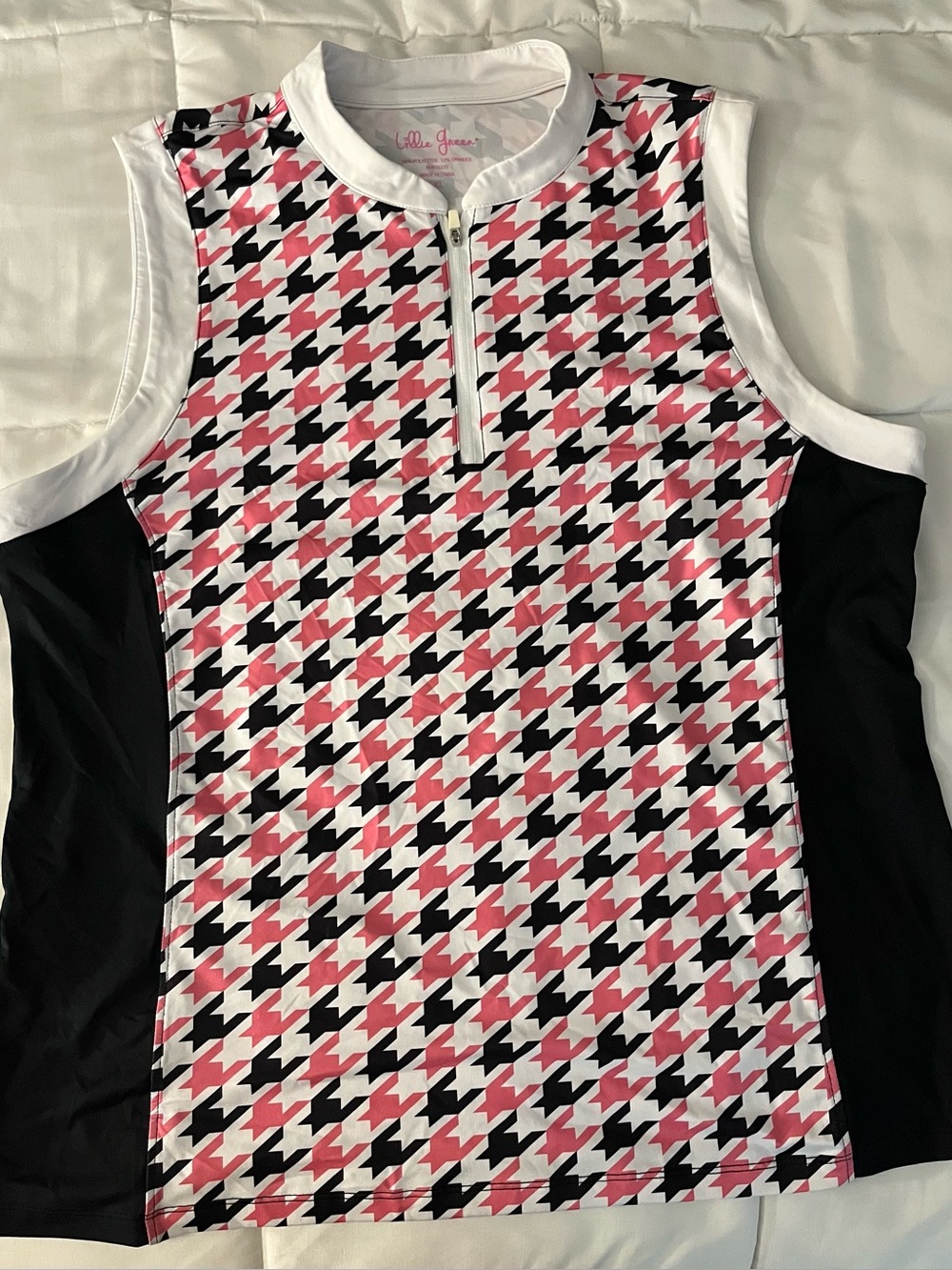 Lilly Pulitzer Pink, Black & White Houndstooth Zip-Front Sleeveless Top Golf Top